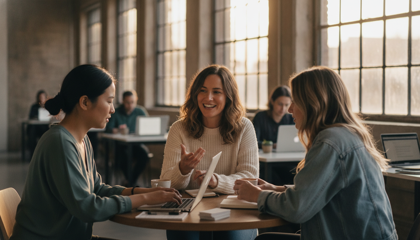 Three women sitting at a small round table in a co-working space, mid-conversation during a casual tech networking event. Warm natural light, no purple AI slop, no robot imagery.