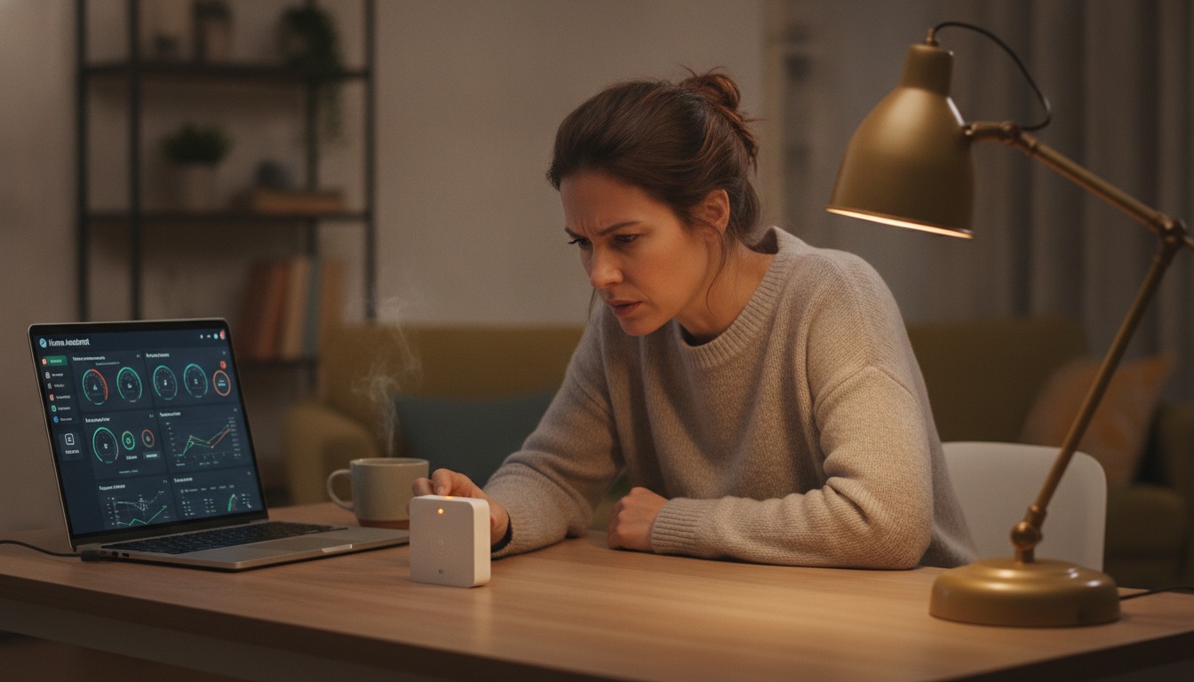 A woman at home in the evening, looking frustrated at a small smart home sensor with a slow amber blink. A laptop running a Home Assistant dashboard is open beside her. Warm lamp light, cozy modern apartment.