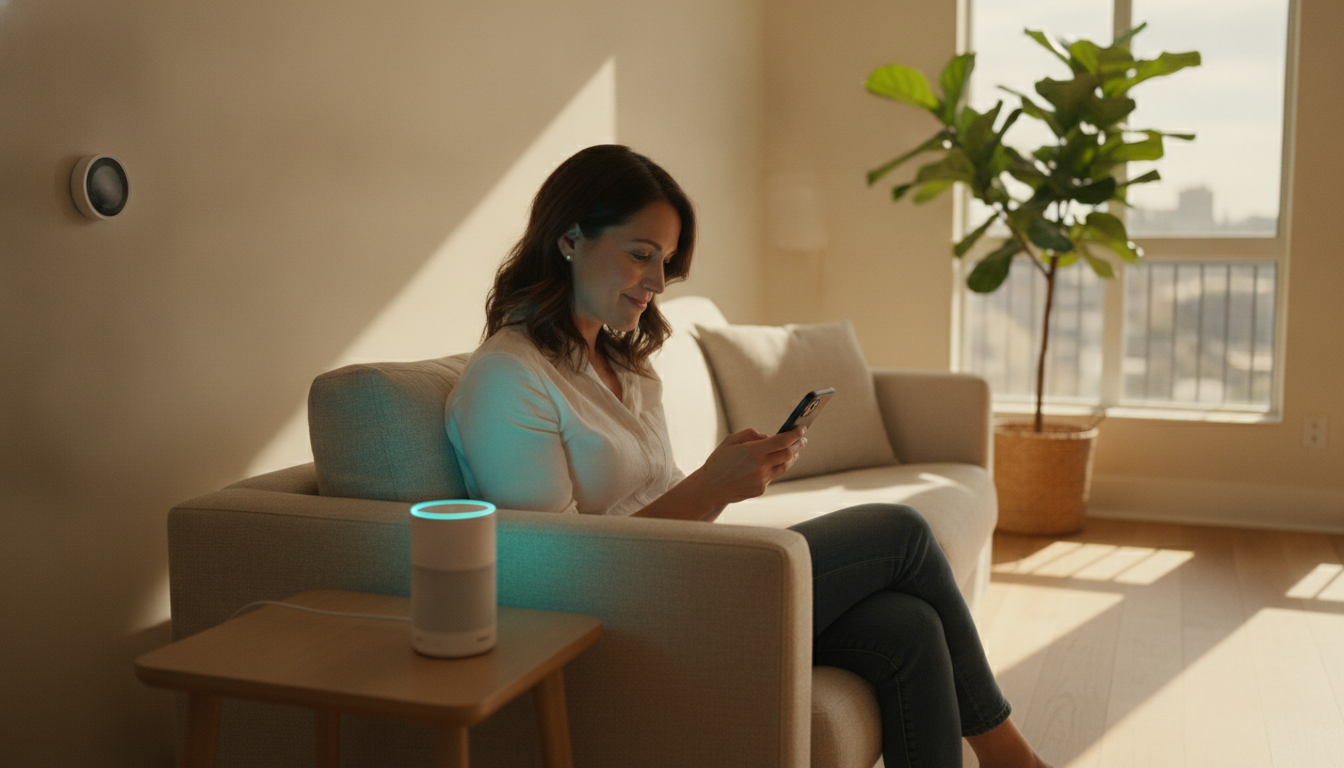 A woman sits on a beige couch in a sunlit living room using her smartphone, with a smart speaker showing a soft cyan glow on the side table — illustrating the Matter 1.6 smart home release.