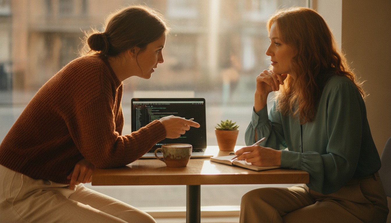 A woman in a rust sweater showing code on a laptop to another woman in a teal blouse across a wooden cafe table