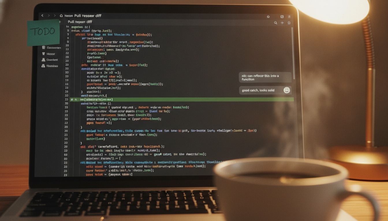 A laptop screen showing a pull request code review with review comments, lit by a warm desk lamp with a ceramic coffee mug in the foreground