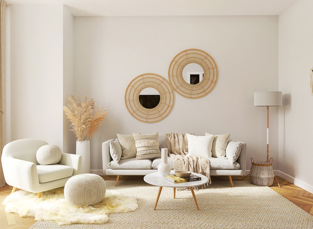 A smart speaker on a shelf next to a lamp in a warm interior
