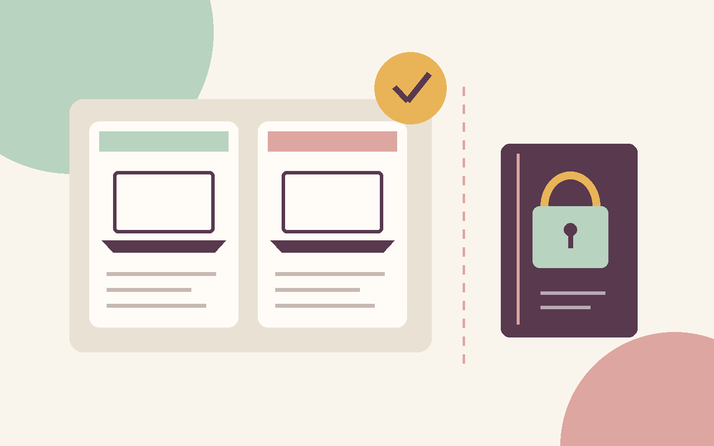 Original illustration of two public laptop comparison cards separated by a dotted boundary from a locked private notebook.