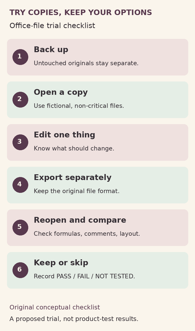 Trial checklist: back up, open a copy, edit one thing, export separately, reopen and compare, then keep or skip.